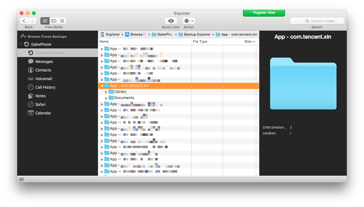A screenshot of iExplorer when browsing for files.