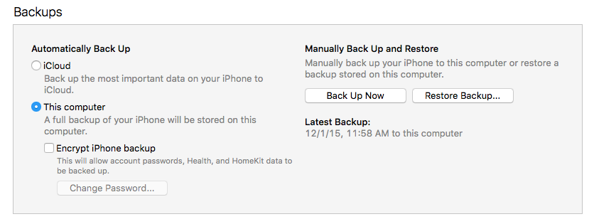 A screenshot of the necessary iTunes backup settings.