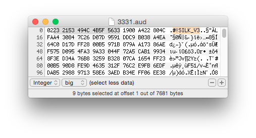 A screenshot of a hex editor with the SILK_V3 header visible.
