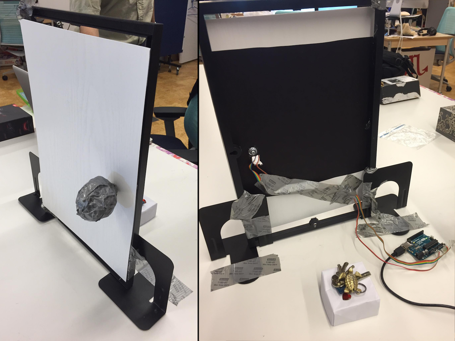 Our moderately ugly-looking, accelerometer-enhanced door with the keys behind it.