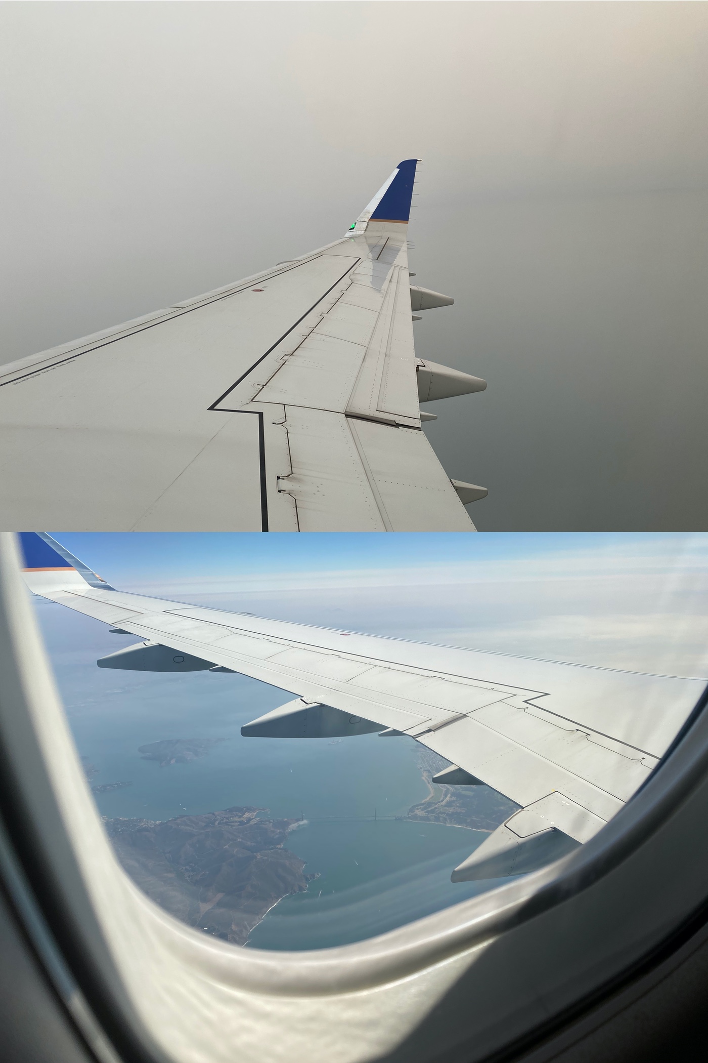 Two pictures being taken from a plane's window, the first showing nothing but gray smoke, the second showing a clear sky and a view of the Golden Gate Bridge from above.