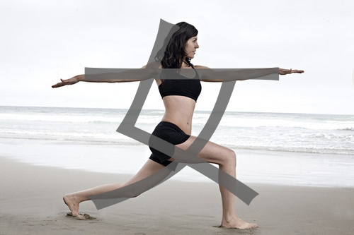 A woman doing yoga, with the Chinese character for 'woman' superimposed.