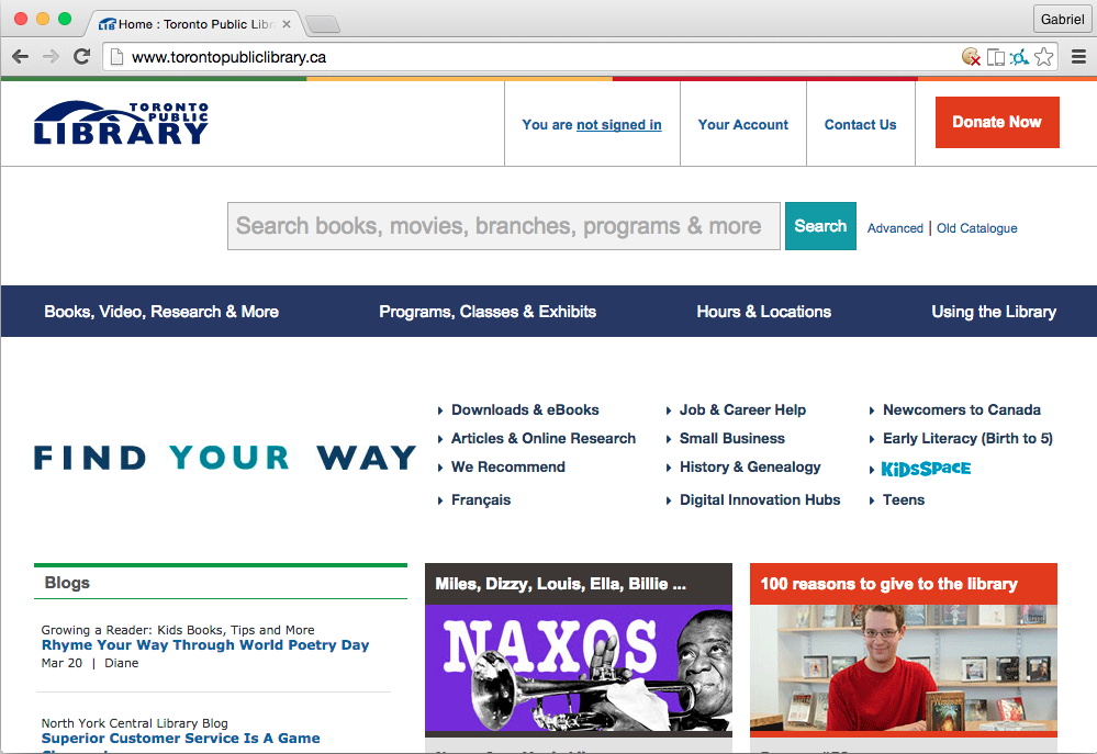 A screenshot of the Toronto Public Library website.