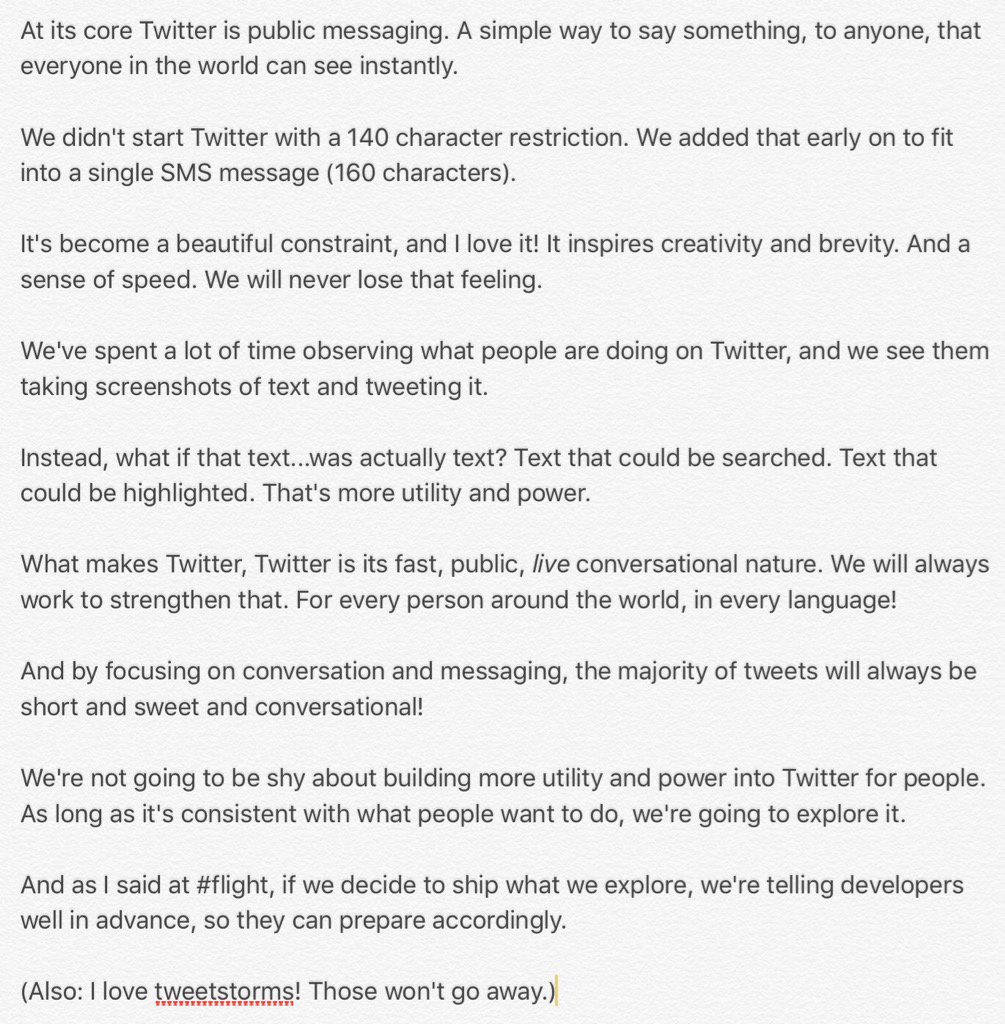 A long message from Twitter's CEO, tweeted as a picture of text, because it was sent out as a tweet. Sorry screen reader folks, I don't want to retype the whole thing.