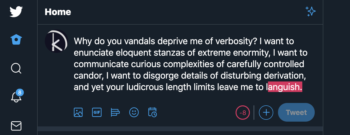 A screenshot of me messing with Twitter's character limits.