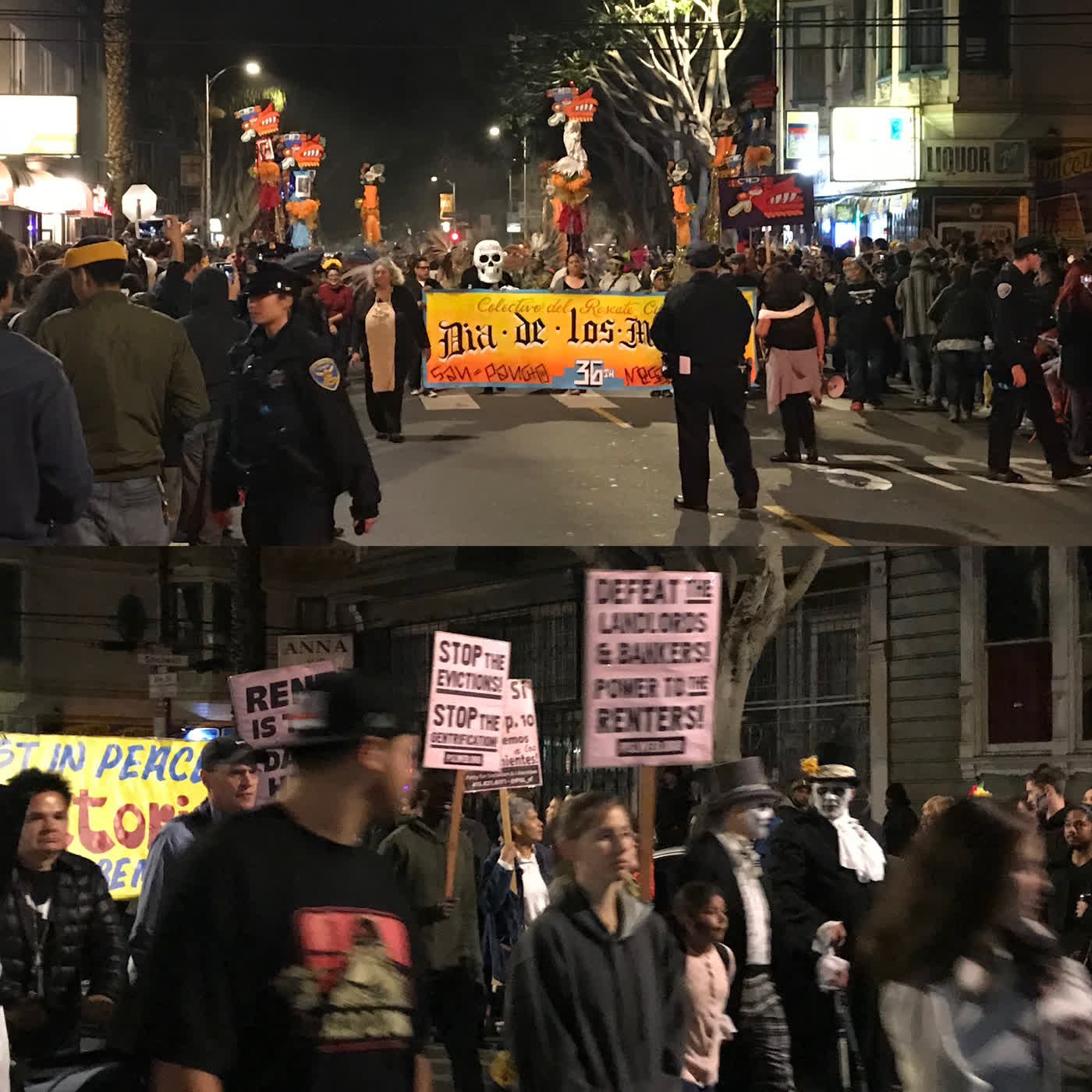 Two pictures of the Día de los Muertos parade, the top one showing the front of the parade and the bottom one showing protest signs saying “STOP THE EVICTIONS! STOP THE GENTRIFICATION” and “DEFEAT THE LANDLORDS & BANKERS! POWER TO THE RENTERS!”