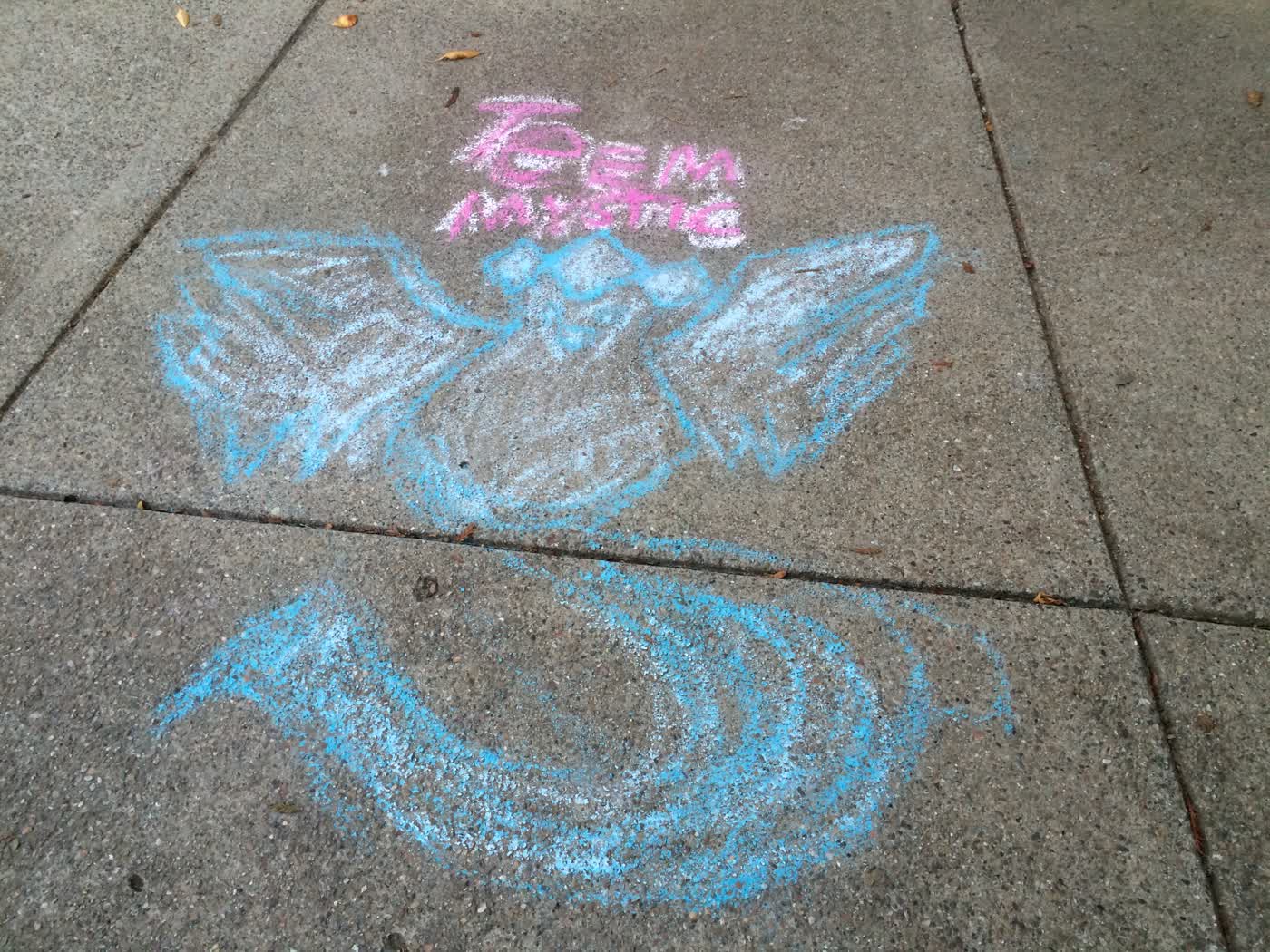 A chalk drawing of an Articuno, with the words “Team Mystic” written above it.