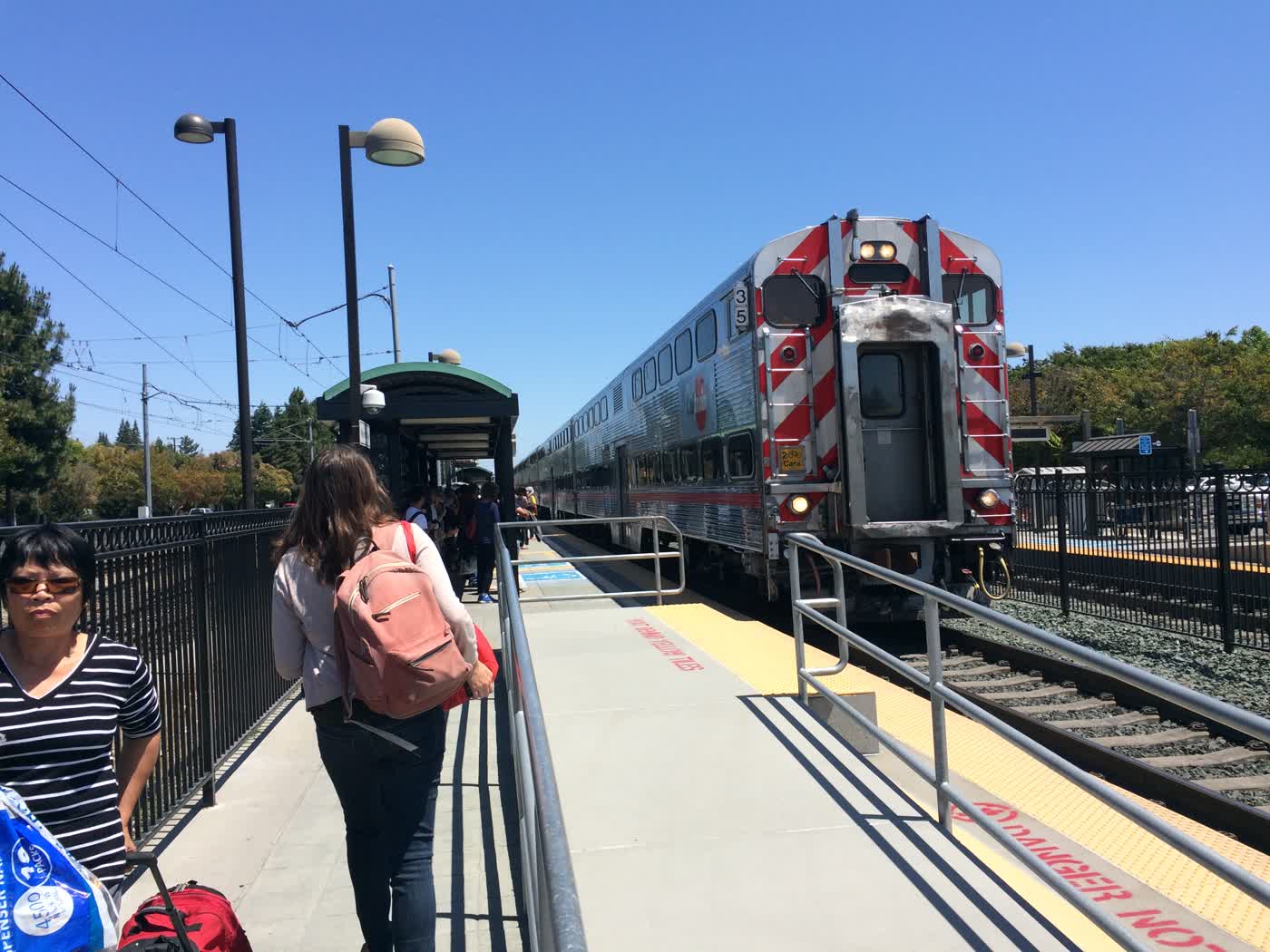 The Caltrain pulling into a station.