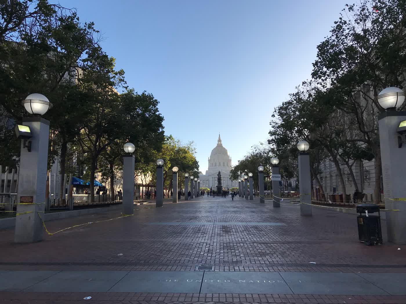 A picture of San Francisco's United Nations Plaza, empty of people.