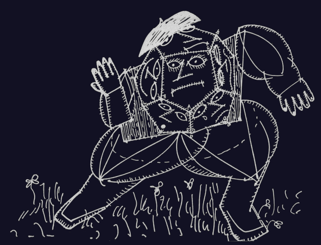 A picture of the 'dodecahedron' character from the book 'The Phantom Tollbooth'. Like his namesake, he has many faces.