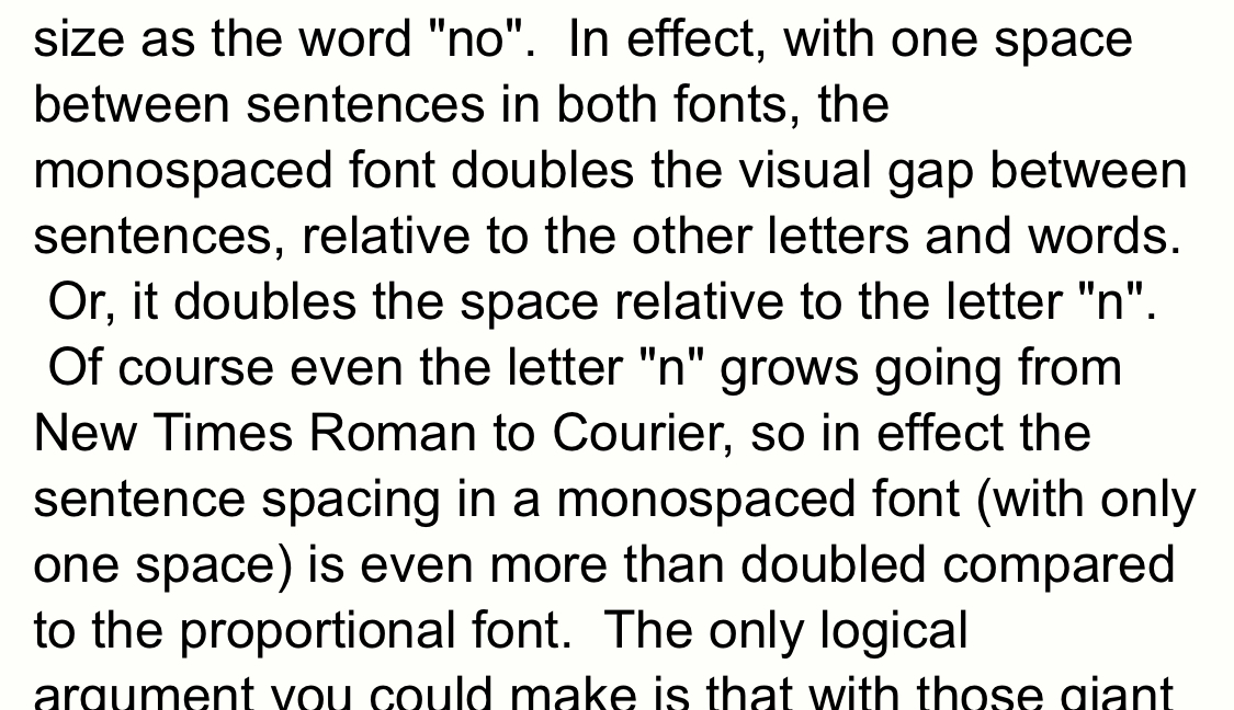A screenshot of the sentence spacing website on mobile, showing arbitrary one-space indents on the left-hand side of some lines.