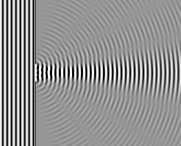 Diffraction of waves through a small slit.