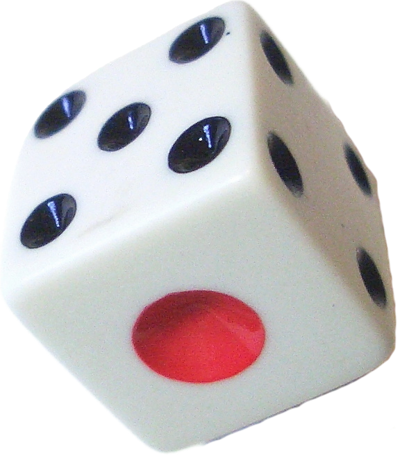 A six-sided die with the 1 pip painted red.