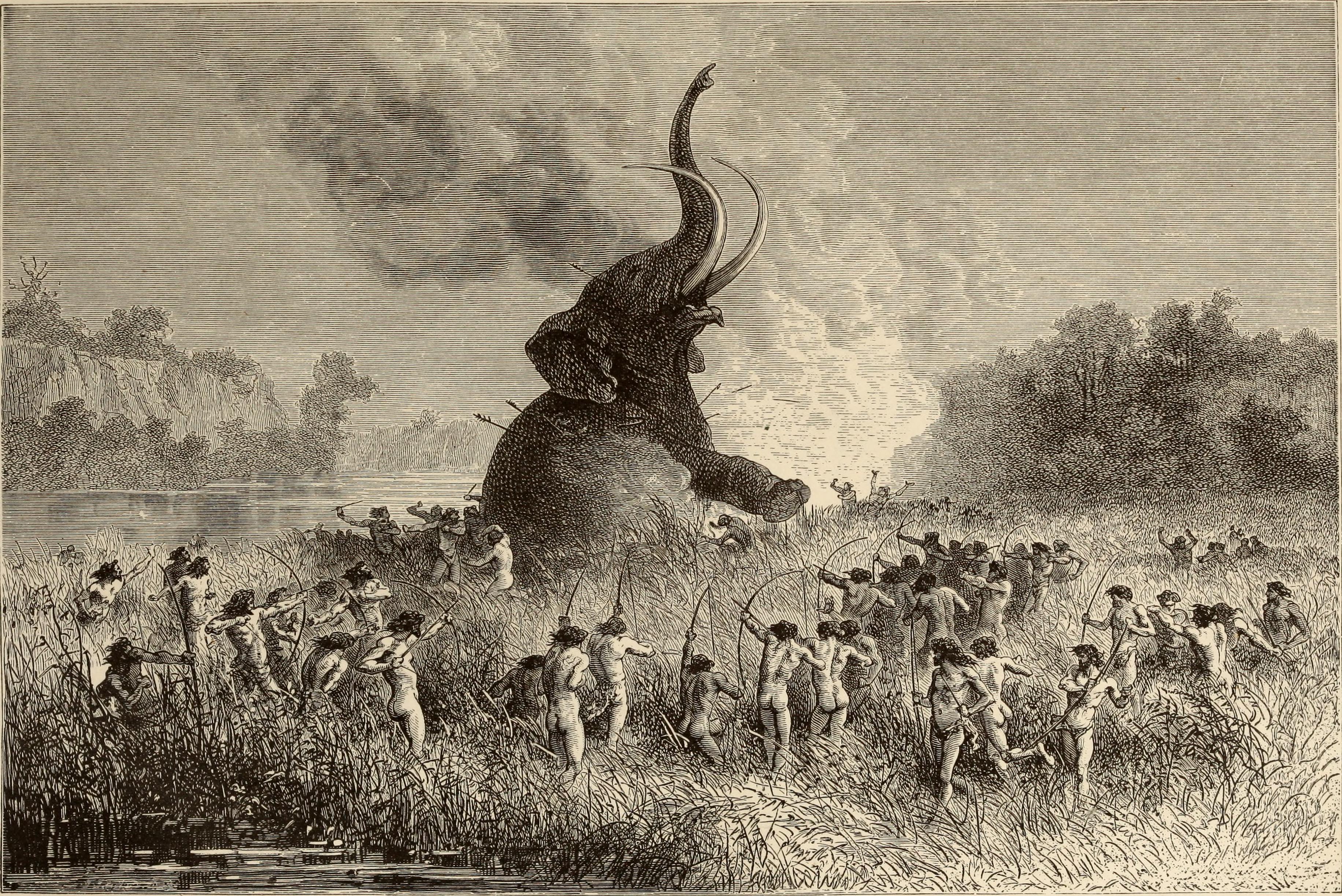 An illustration depicting a tribe of prehistoric humans swarming around and hunting a mammoth with their bows and arrows.