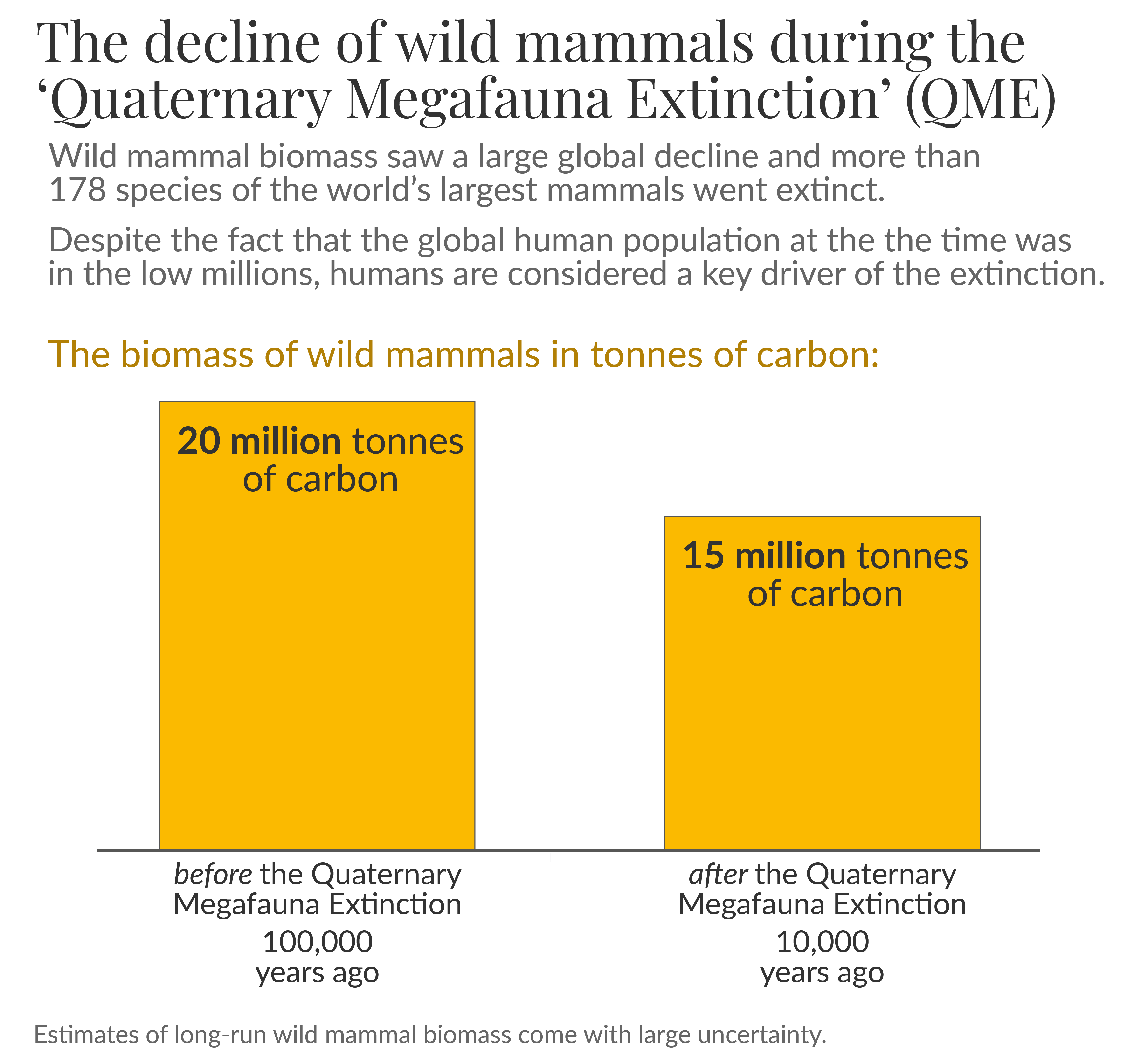 A graph from Our World in Data titled “The decline of wild mammals during the ‘Quaternary Megafauna Extinction’ (QME)”, with the following text: “Wild mammal biomass saw a large global decline and more than 178 species of the world's largest mammals went extinct. Despite the fact that the global human population at the the time was in the low millions, humans are considered a key driver of the extinction.” “The biomass of wild mammals in tonnes of carbon:” The left bar is labeled “before the Quaternary Megafauna Extinction 100,000 years ago” and shows 20 million tonnes of carbon. The right bar is labeled “after the Quaternary Megafauna Extinction 10,000 years ago” and shows 15 million tonnes of carbon. A note at the bottom reads “Estimates of long-run wild mammal biomass come with large uncertainty.”