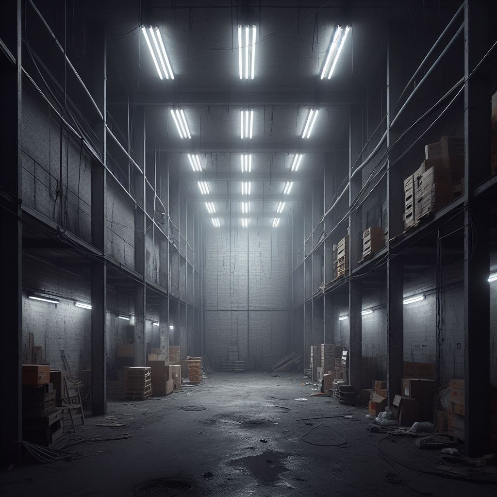An AI-generated image of a small, dim, windowless warehouse or garage, poorly lit by gray fluorescent tube lighting.