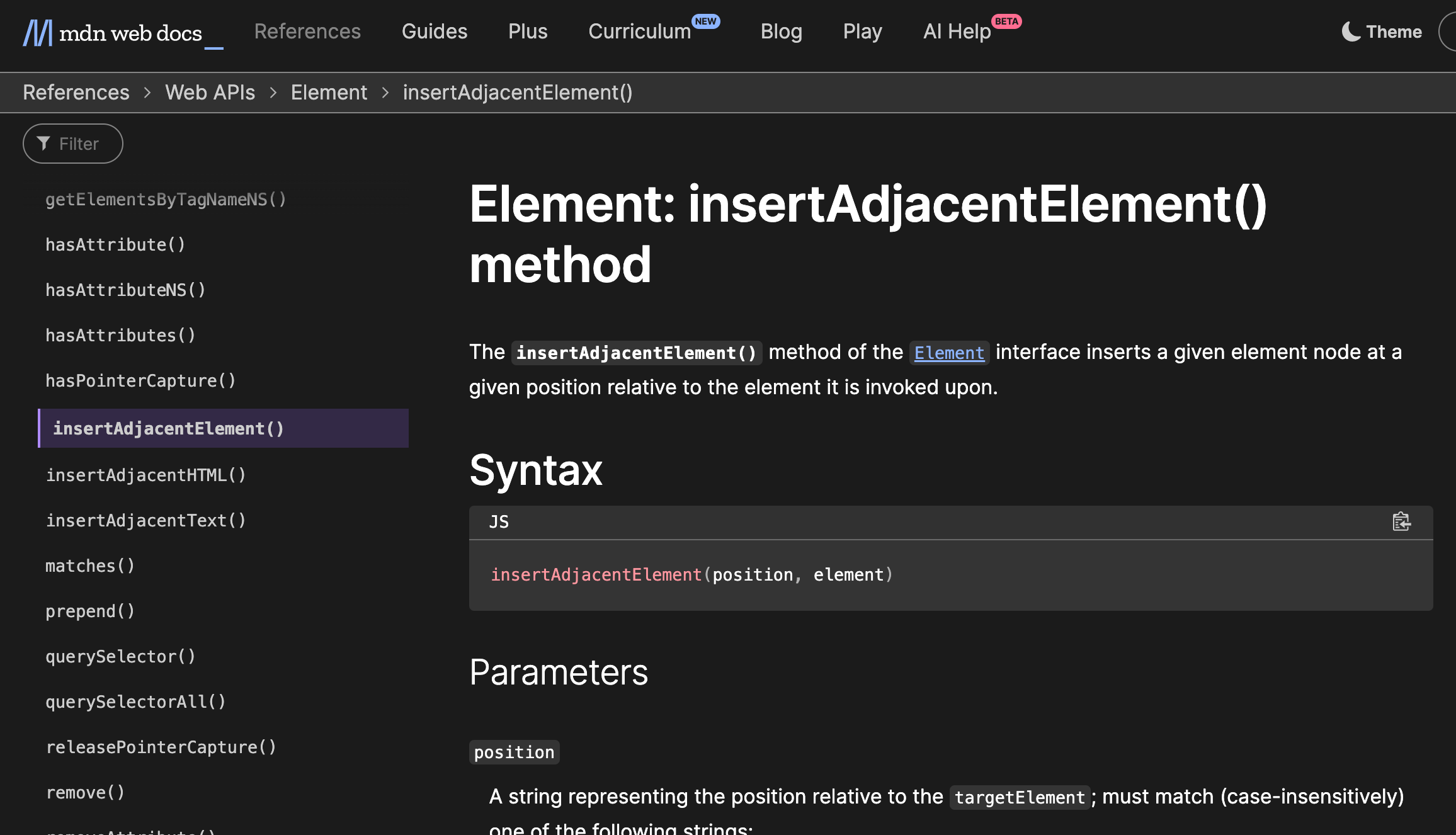 The MDN reference page for “insertAdjacentElement”.