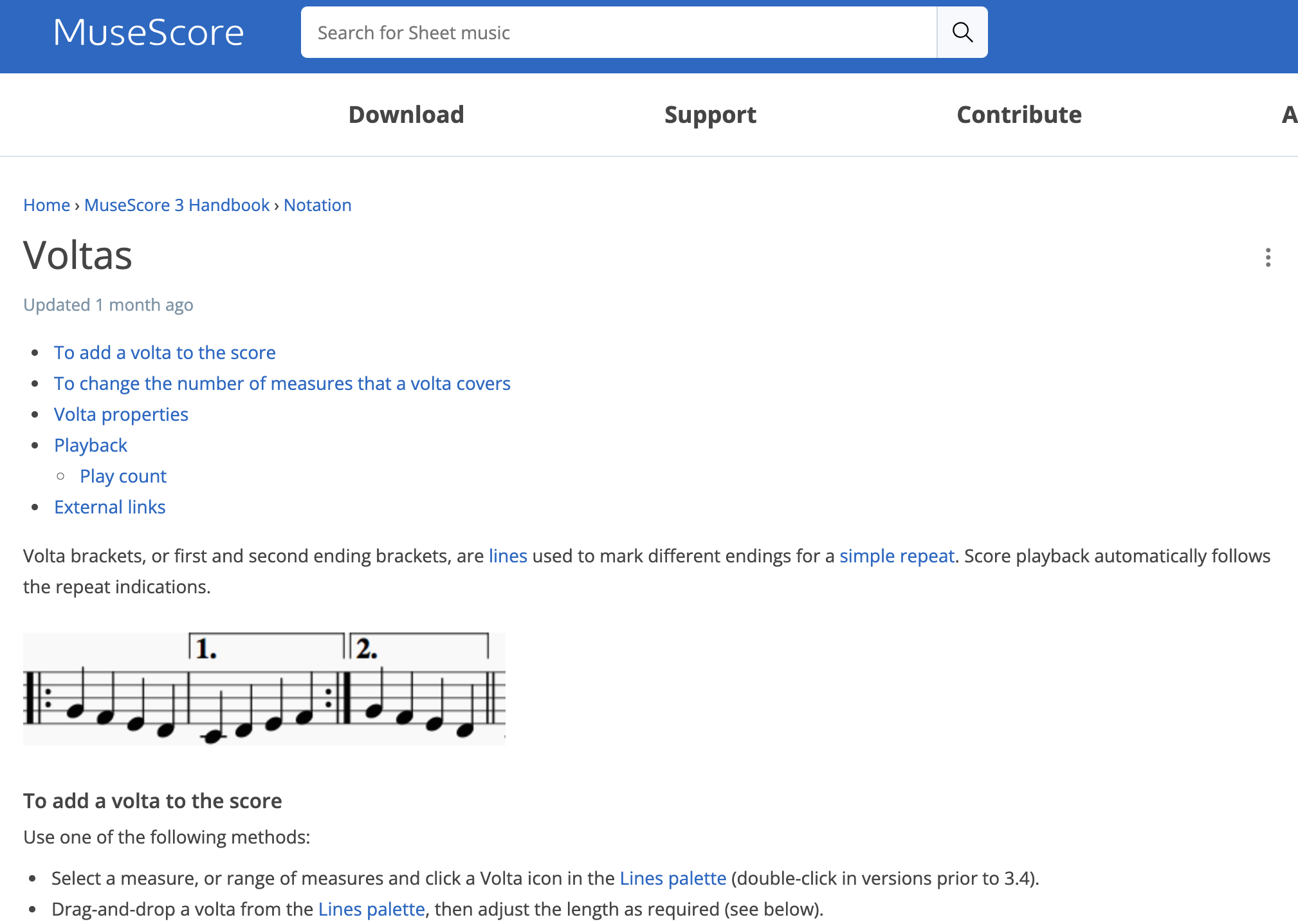 The MuseScore documentation on how to insert a first and second ending. It also refers to them as “voltas”.