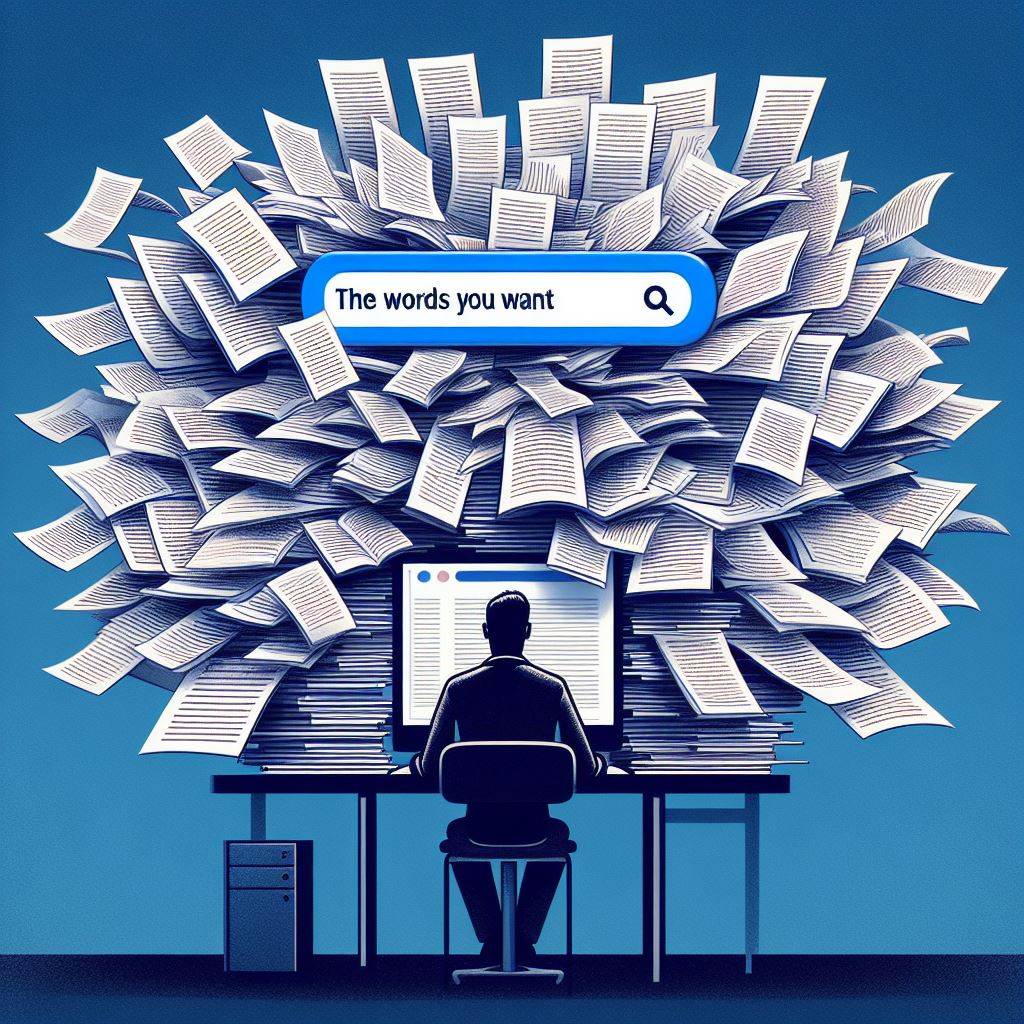 Generated by Dall-E 3 via Bing image creator. An AI-generated illustration. Prompt: A person entering many paragraphs into a computer. The computer is condensing all that down into a single phrase in a search bar: “the words you want”. The AI chose to intepret that as an explosion of papers behind the computer monitor, which is pretty neat.